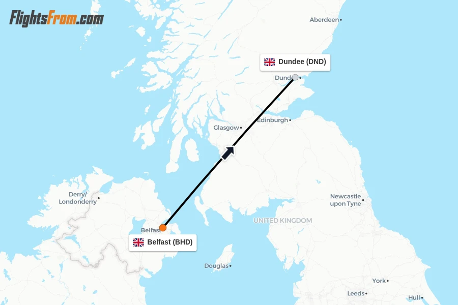 Flights from Belfast to Dundee route map