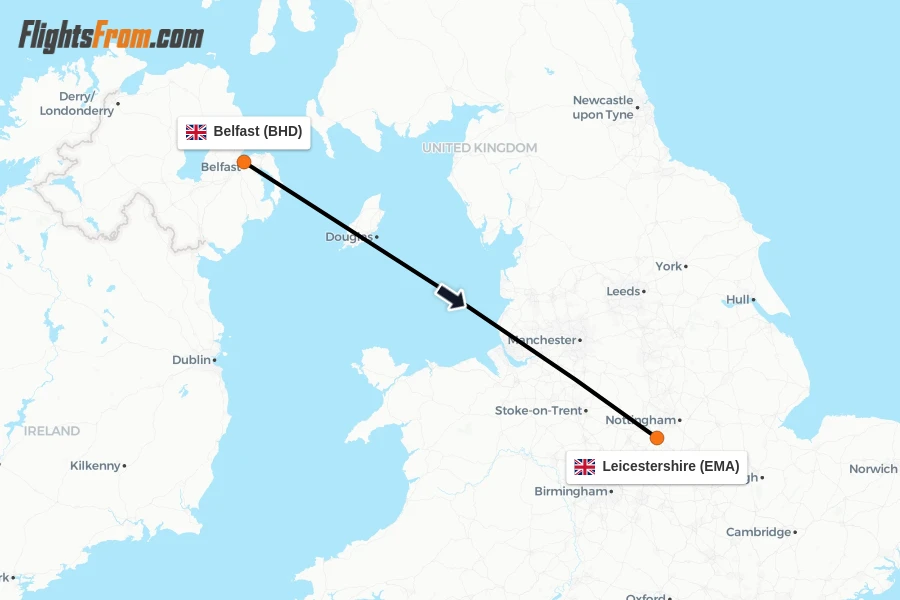 Flights from Belfast to Leicestershire route map