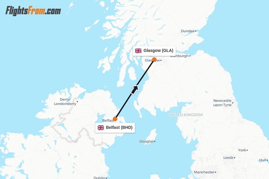 Flights from Belfast to Glasgow route map