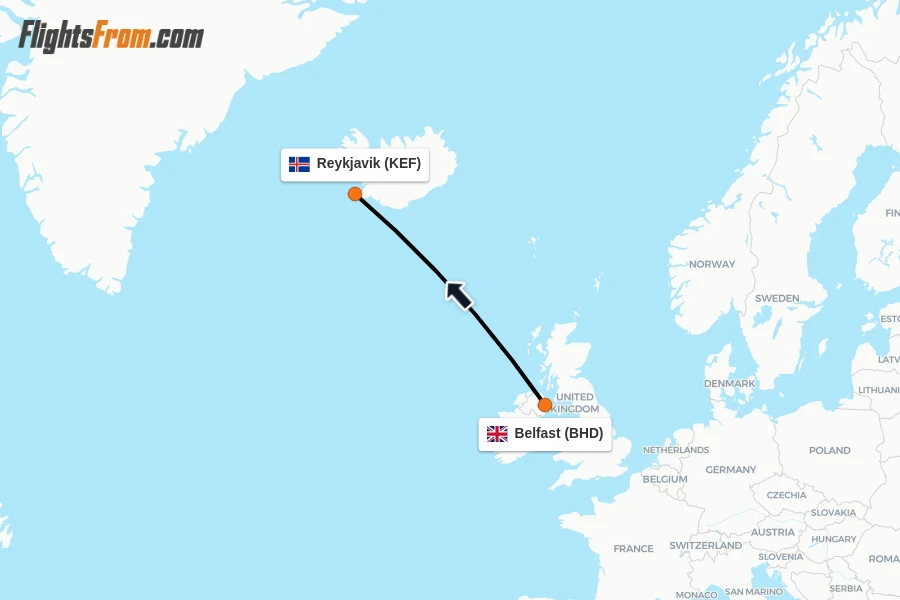Flights from Belfast to Reykjavik route map