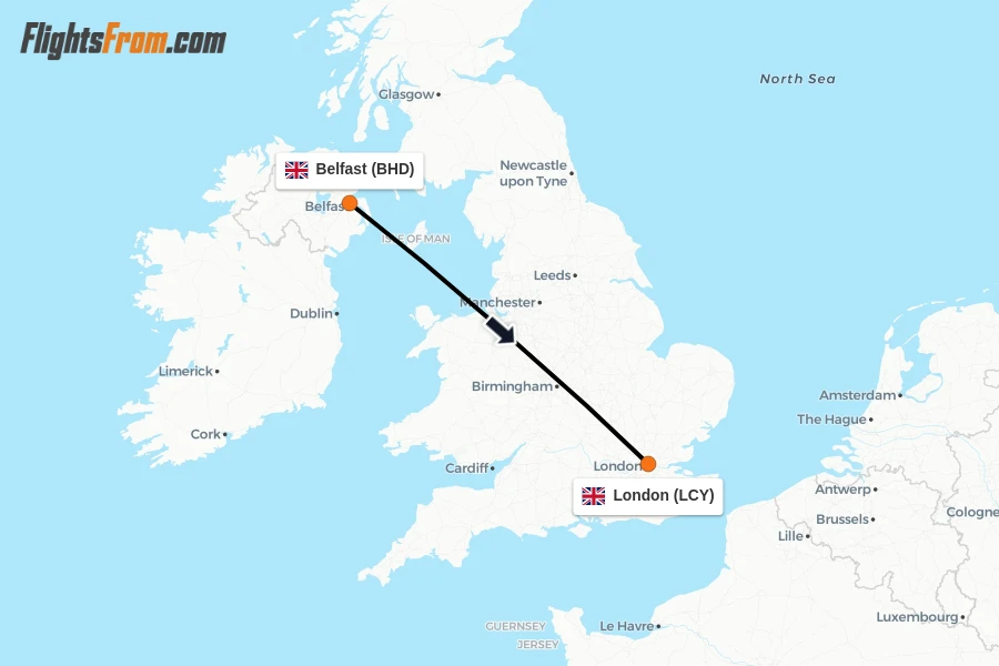Flights from Belfast to London route map