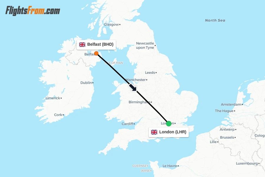 Flights from Belfast to London route map