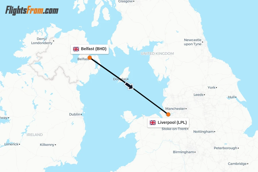 Flights from Belfast to Liverpool route map