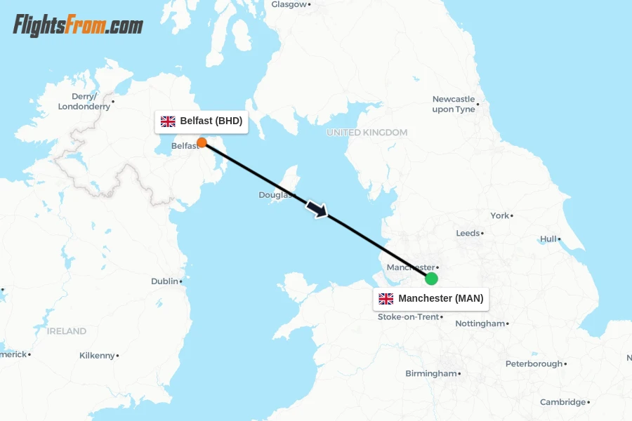 Flights from Belfast to Manchester route map