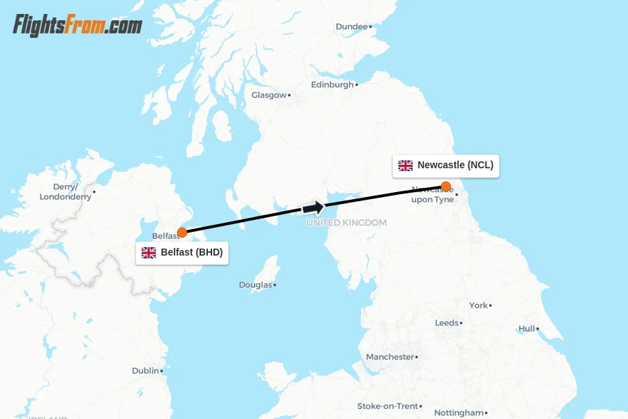 Flights from Belfast to Newcastle route map