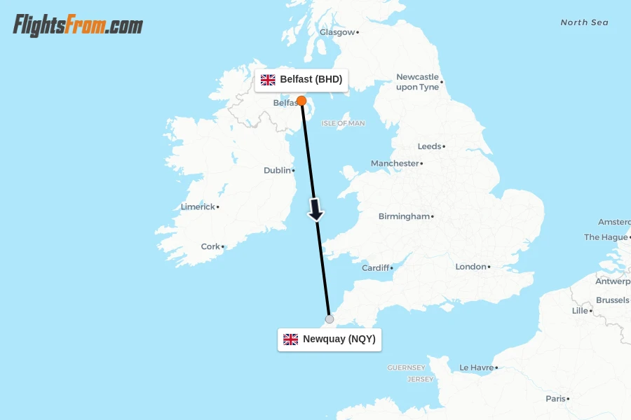 Flights from Belfast to Newquay route map