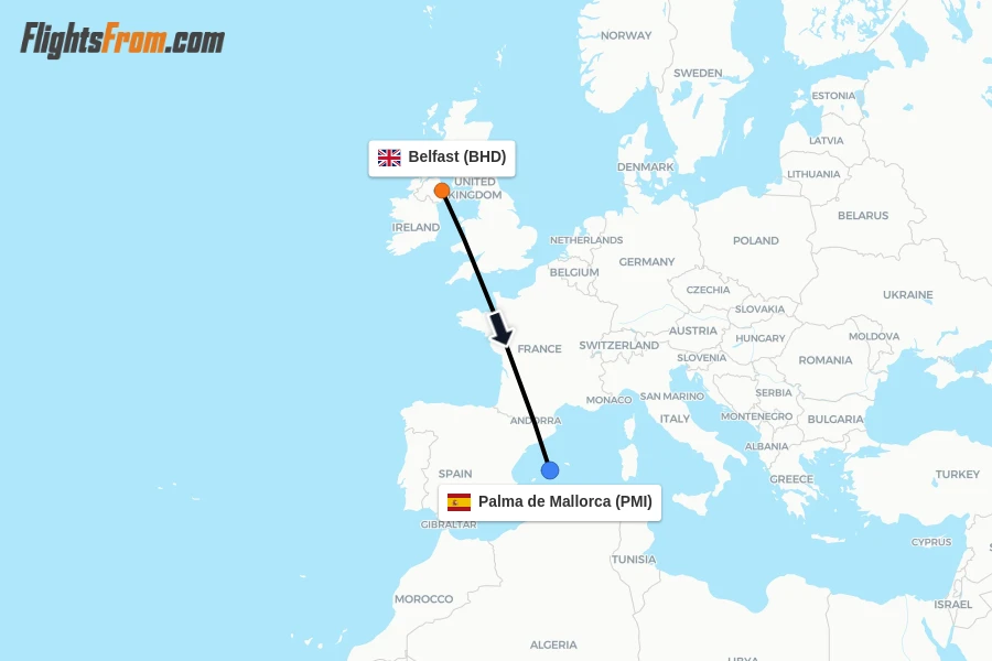 Flights from Belfast to Palma de Mallorca route map