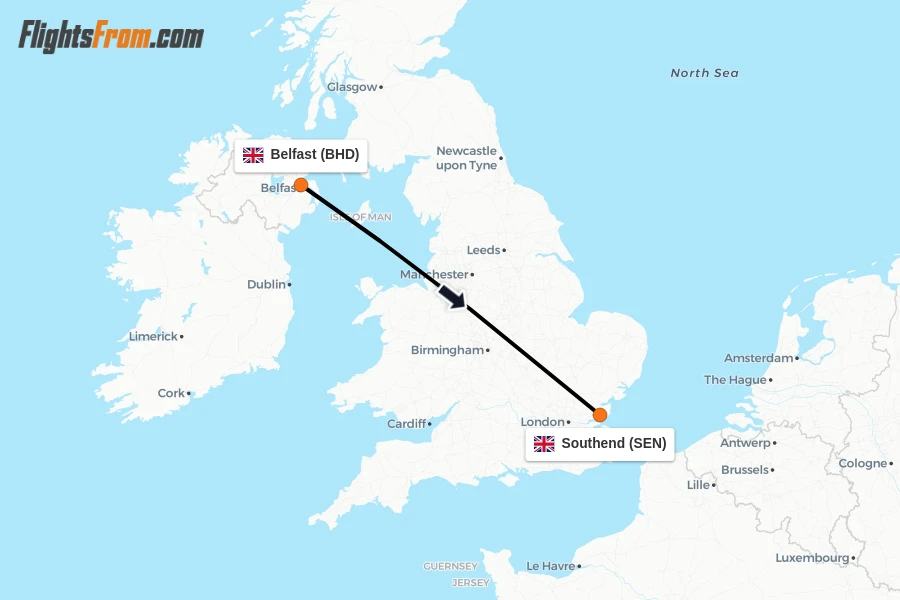 Flights from Belfast to Southend route map