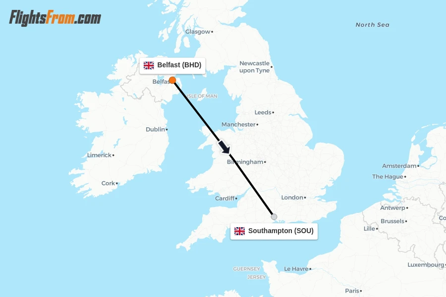 Flights from Belfast to Southampton route map