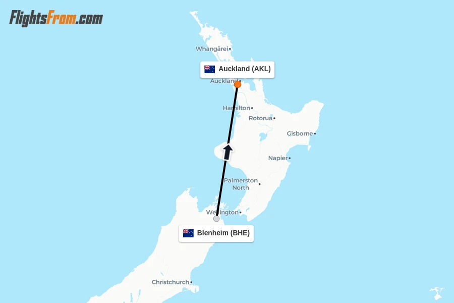 Flights from Blenheim to Auckland route map