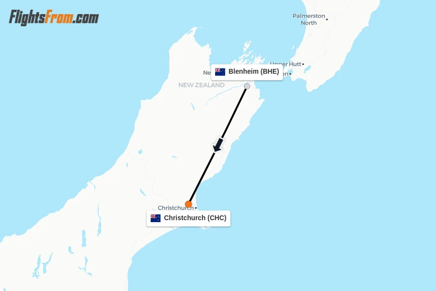 Flights from Blenheim to Christchurch route map