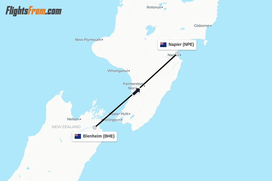 Flights from Blenheim to Napier route map