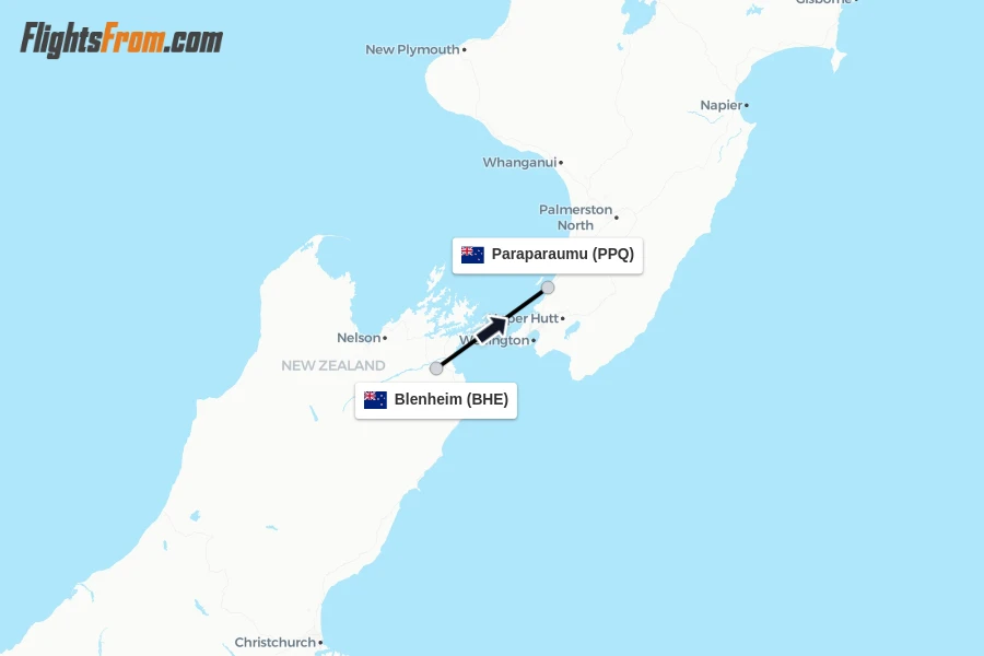 Flights from Blenheim to Paraparaumu route map