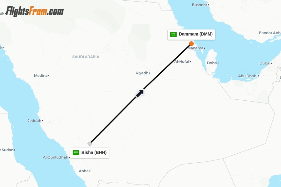 Flights from Bisha to Dammam route map