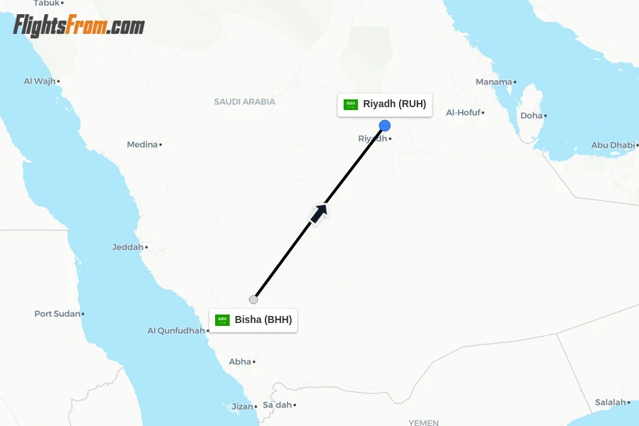 Flights from Bisha to Riyadh route map