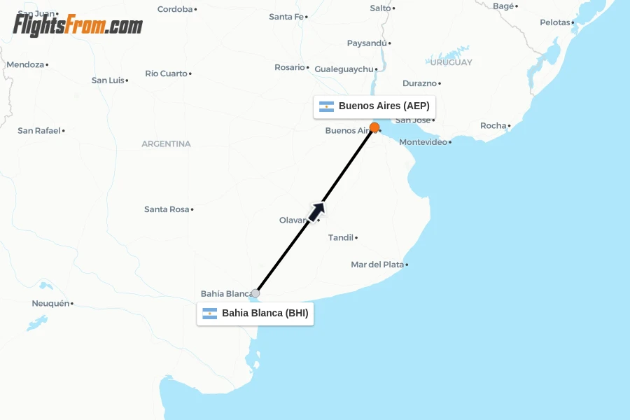 Flights from Bahia Blanca to Buenos Aires route map