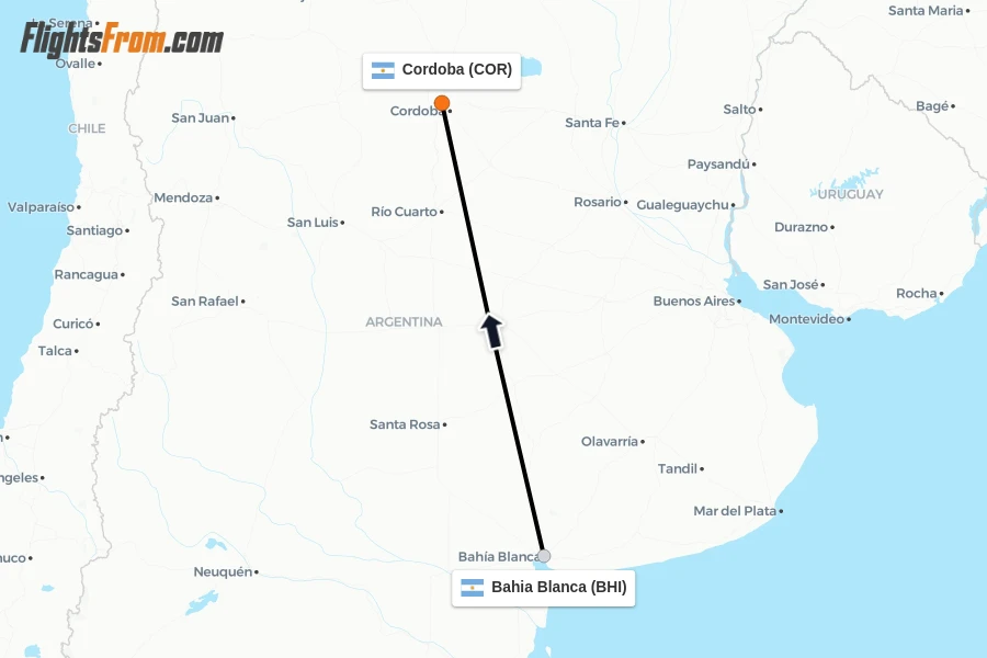 Flights from Bahia Blanca to Cordoba route map