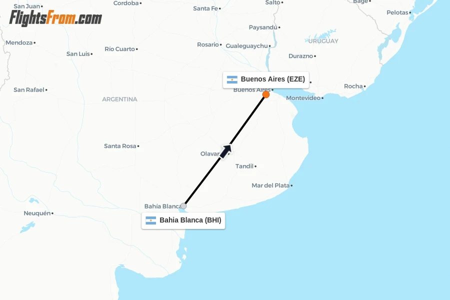 Flights from Bahia Blanca to Buenos Aires route map