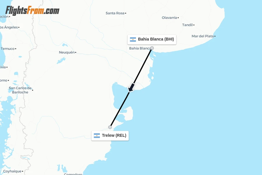 Flights from Bahia Blanca to Trelew route map