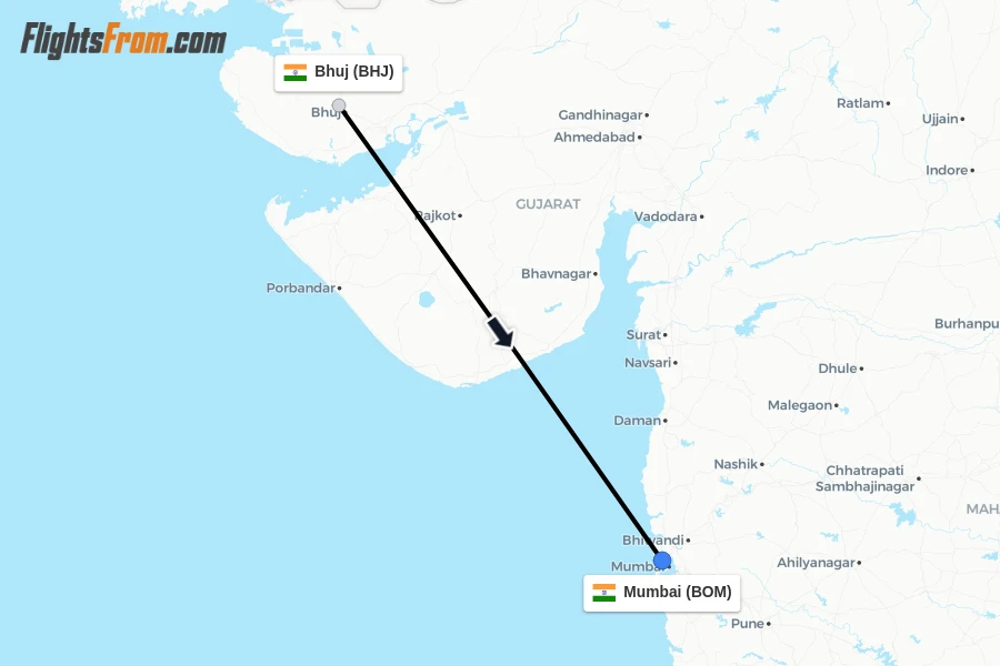 Flights from Bhuj to Mumbai route map