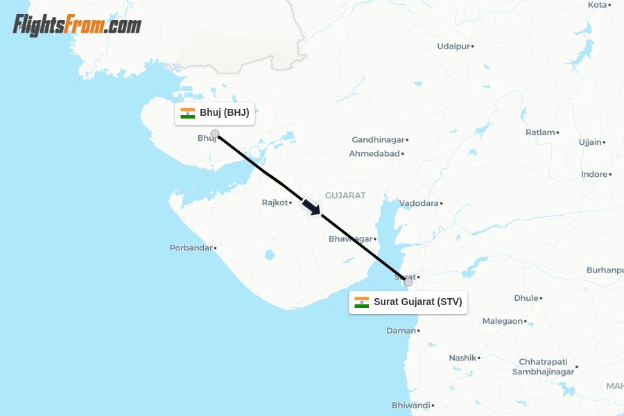Flights from Bhuj to Surat Gujarat route map