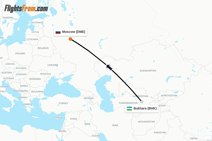 Flights from Bukhara to Moscow route map