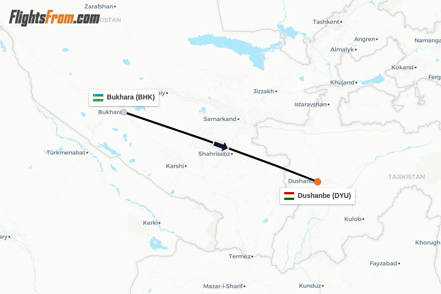 Flights from Bukhara to Dushanbe route map