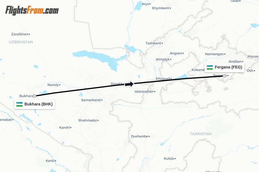 Flights from Bukhara to Fergana route map