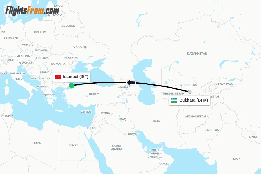 Flights from Bukhara to Istanbul route map