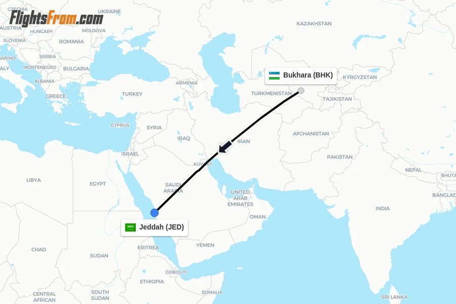 Flights from Bukhara to Jeddah route map