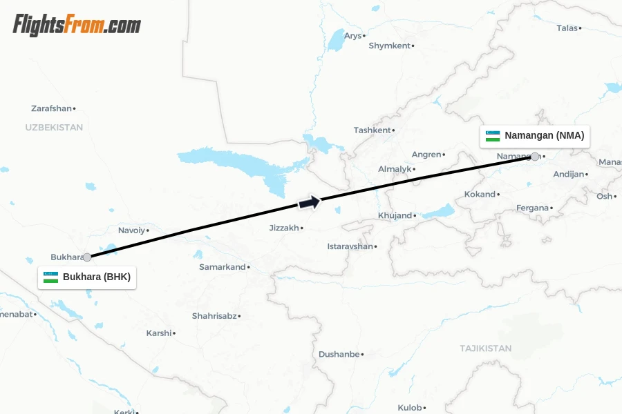 Flights from Bukhara to Namangan route map