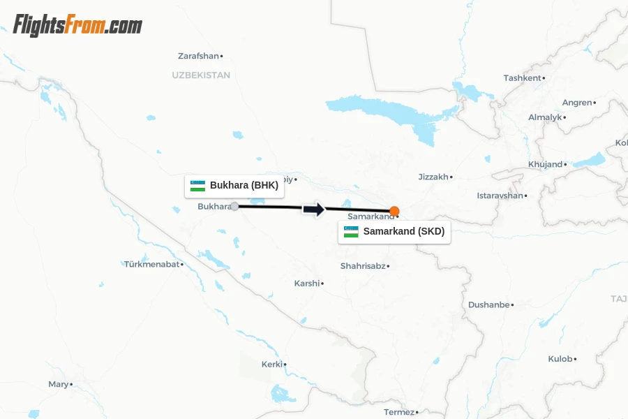 Flights from Bukhara to Samarkand route map