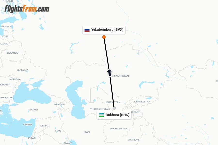 Flights from Bukhara to Yekaterinburg route map
