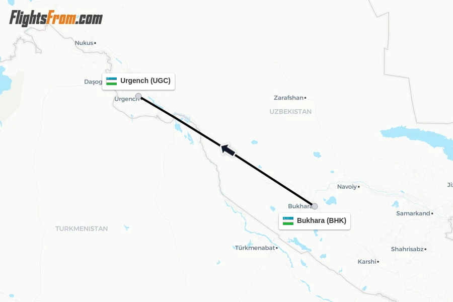 Flights from Bukhara to Urgench route map