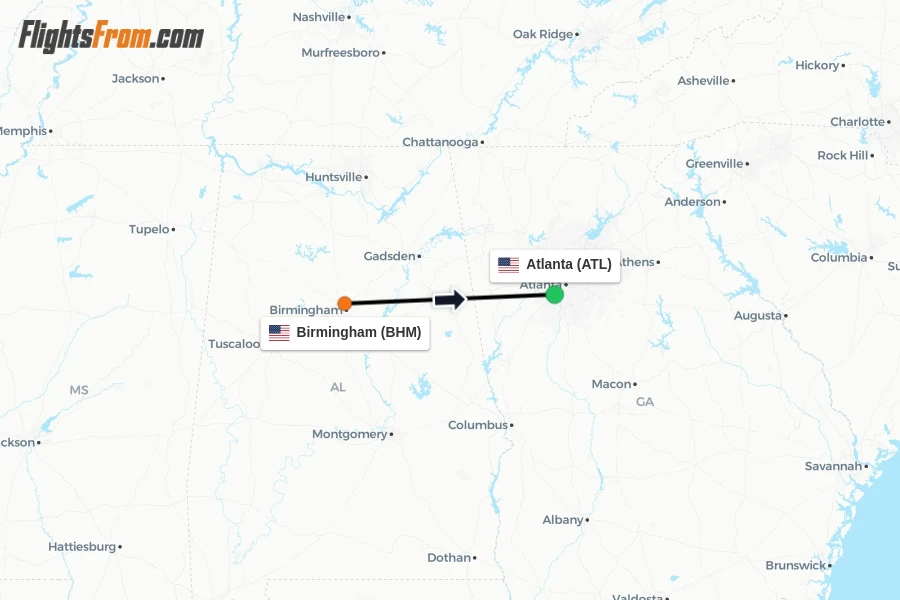 Flights from Birmingham to Atlanta route map