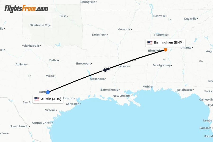 Flights from Birmingham to Austin route map