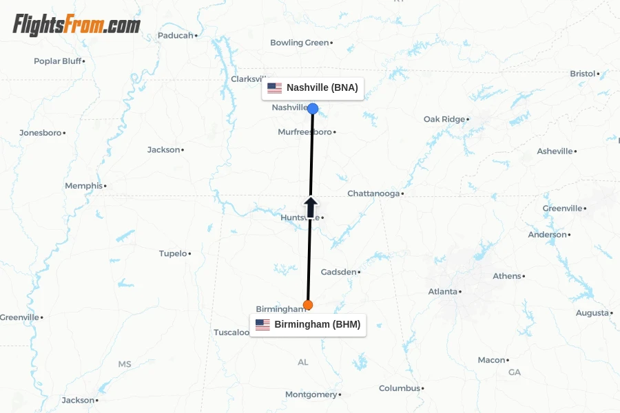 Flights from Birmingham to Nashville route map