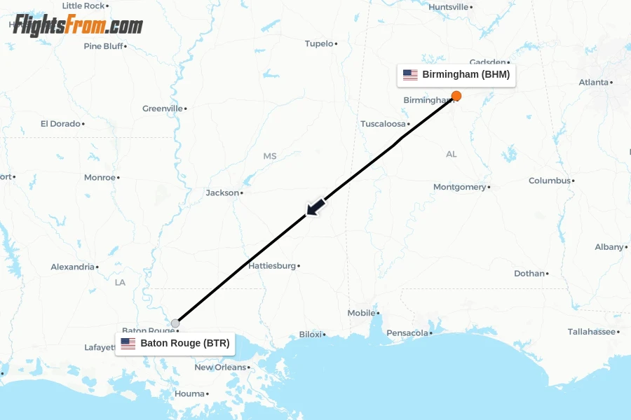 Flights from Birmingham to Baton Rouge route map