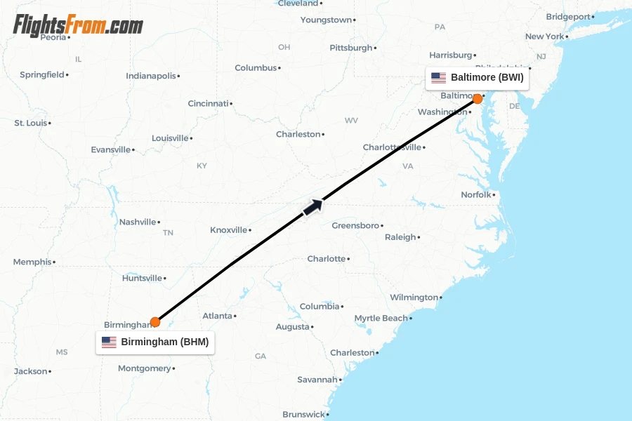 Flights from Birmingham to Baltimore route map