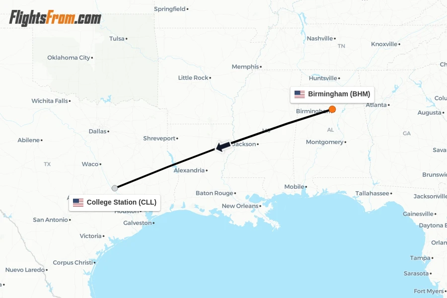 Flights from Birmingham to College Station route map