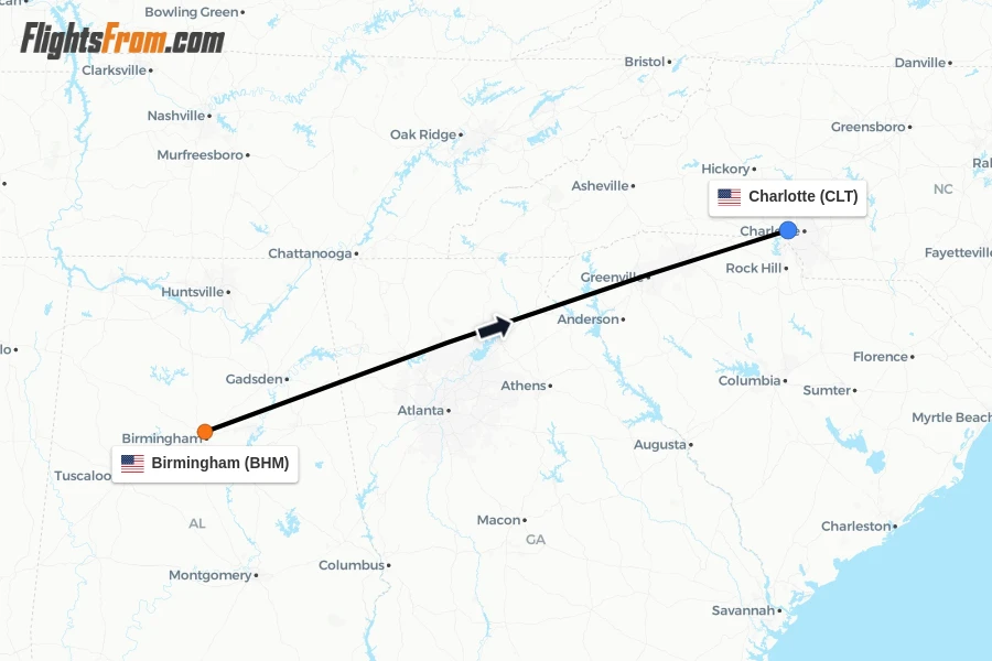 Flights from Birmingham to Charlotte route map