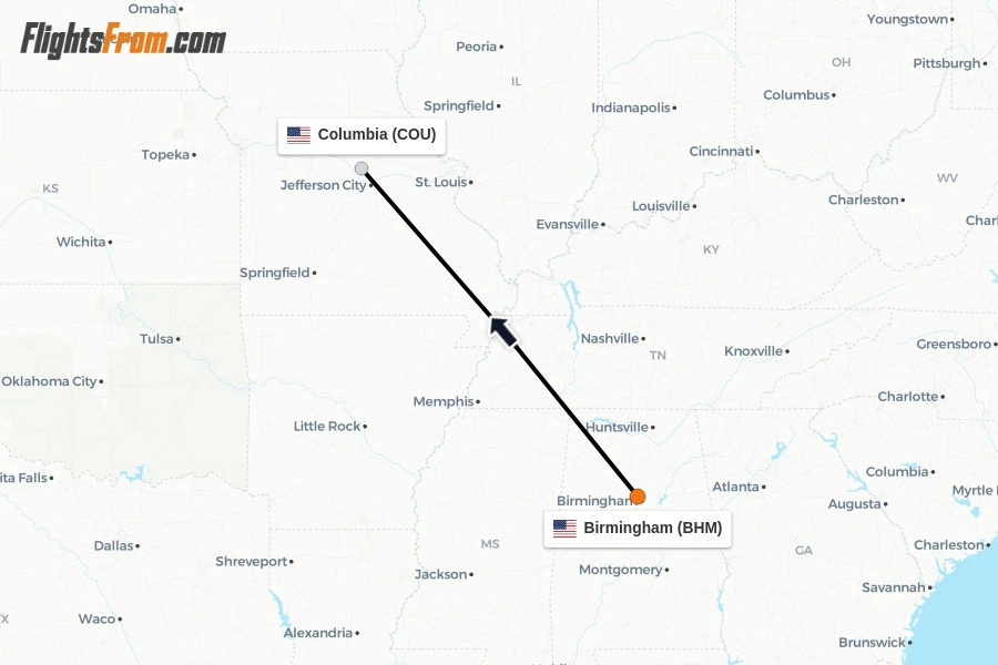 Flights from Birmingham to Columbia route map