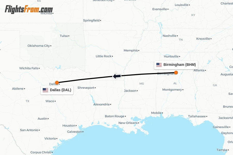 Flights from Birmingham to Dallas route map