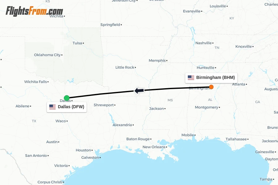 Flights from Birmingham to Dallas route map