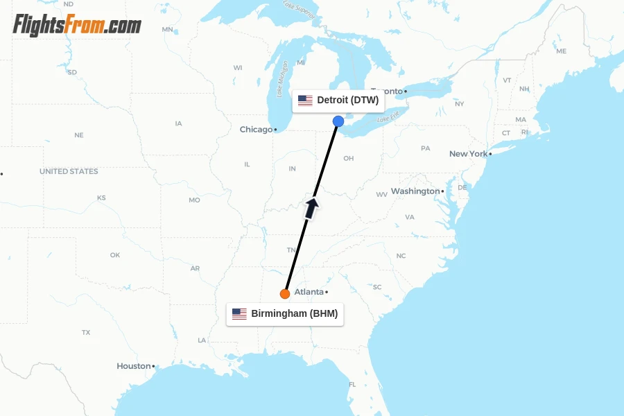 Flights from Birmingham to Detroit route map