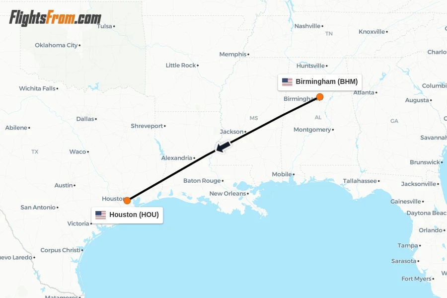 Flights from Birmingham to Houston route map