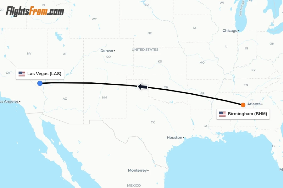 Flights from Birmingham to Las Vegas route map