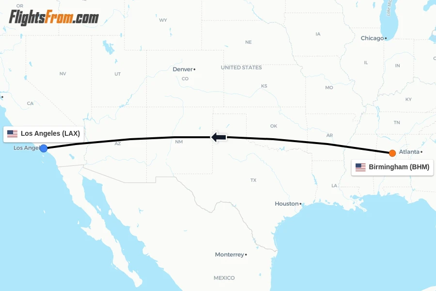 Flights from Birmingham to Los Angeles route map