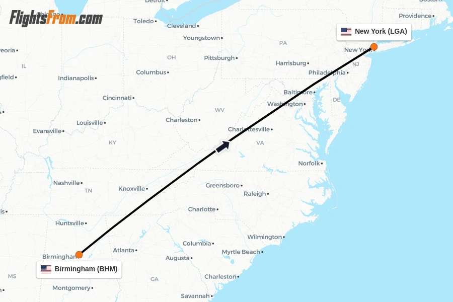 Flights from Birmingham to New York route map