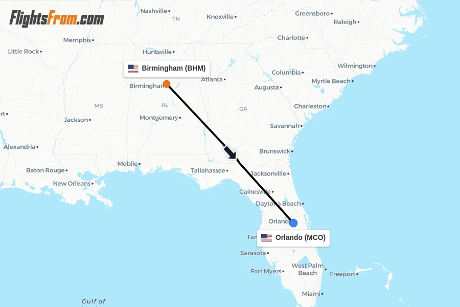Flights from Birmingham to Orlando route map